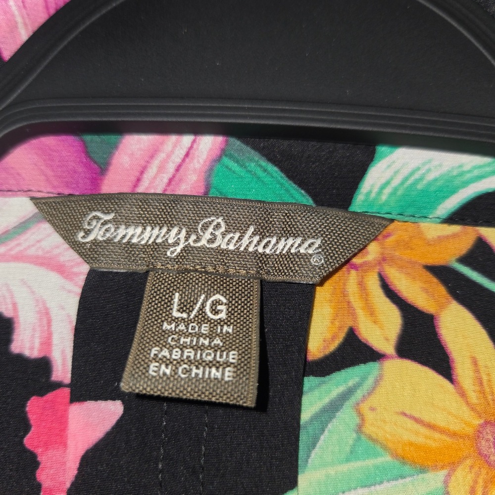 Tommy Bahama 100% Silk Tropical Floral Orchid Shirt Black Large Short Sleeve - Picture 3 of 7